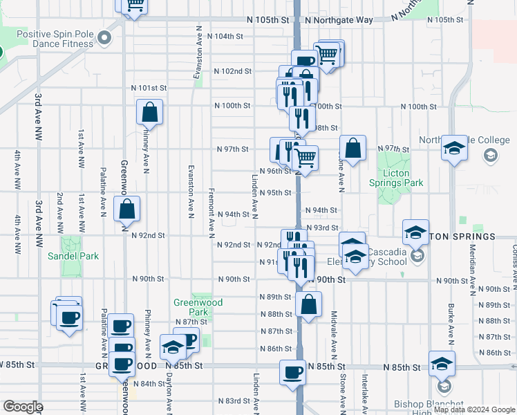 map of restaurants, bars, coffee shops, grocery stores, and more near 9403 Linden Avenue North in Seattle