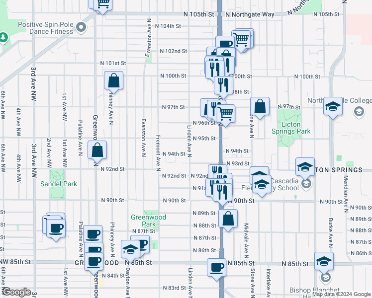 map of restaurants, bars, coffee shops, grocery stores, and more near 9403 Linden Avenue North in Seattle