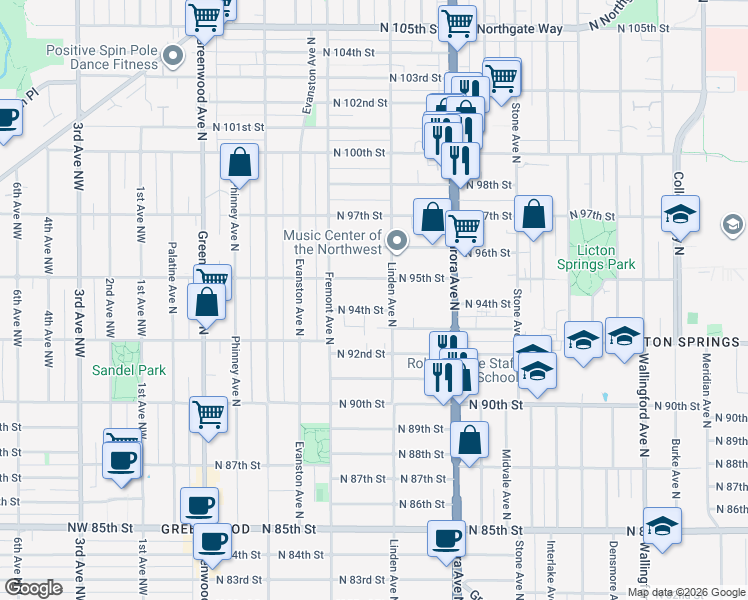 map of restaurants, bars, coffee shops, grocery stores, and more near 9403 Linden Avenue North in Seattle