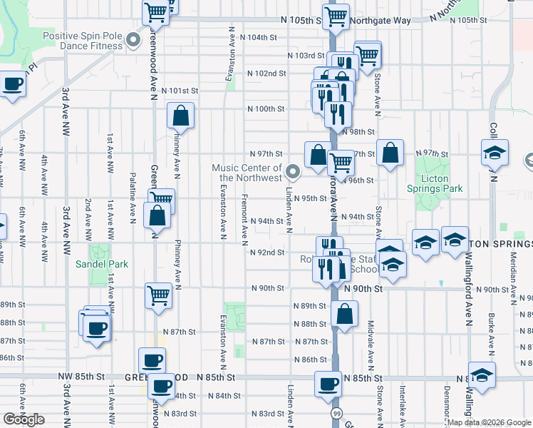 map of restaurants, bars, coffee shops, grocery stores, and more near 718 North 94th Street in Seattle