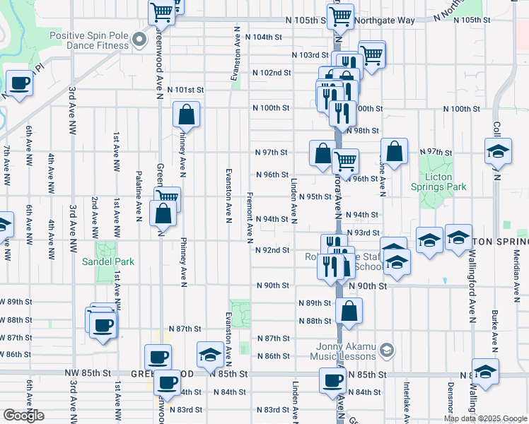 map of restaurants, bars, coffee shops, grocery stores, and more near 718 North 94th Street in Seattle