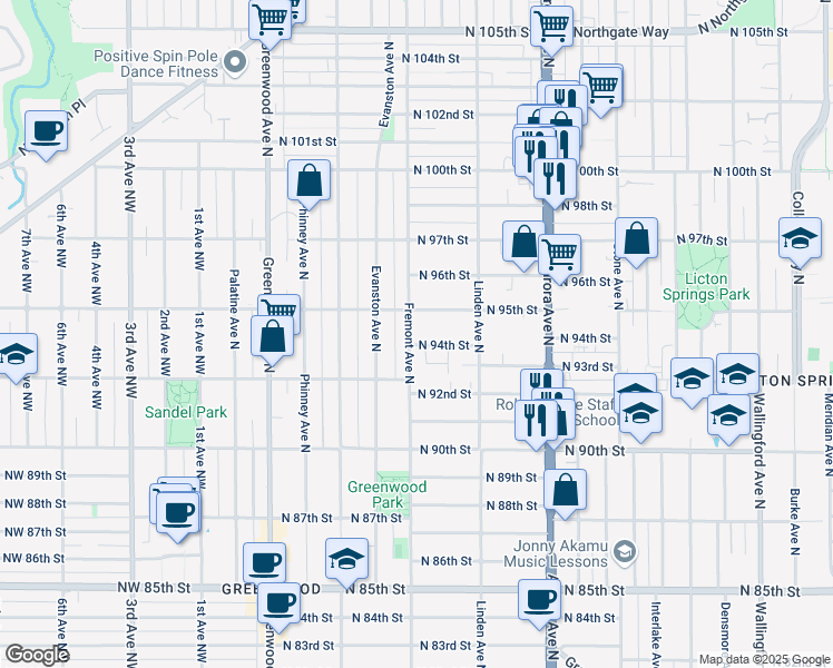 map of restaurants, bars, coffee shops, grocery stores, and more near 718 North 94th Street in Seattle