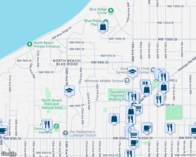 map of restaurants, bars, coffee shops, grocery stores, and more near 9251 20th Avenue Northwest in Seattle