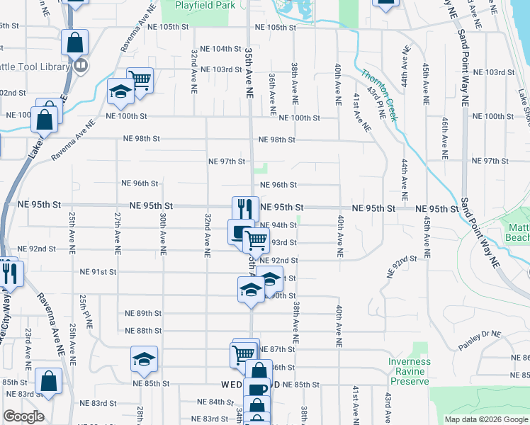 map of restaurants, bars, coffee shops, grocery stores, and more near 9419 35th Avenue Northeast in Seattle