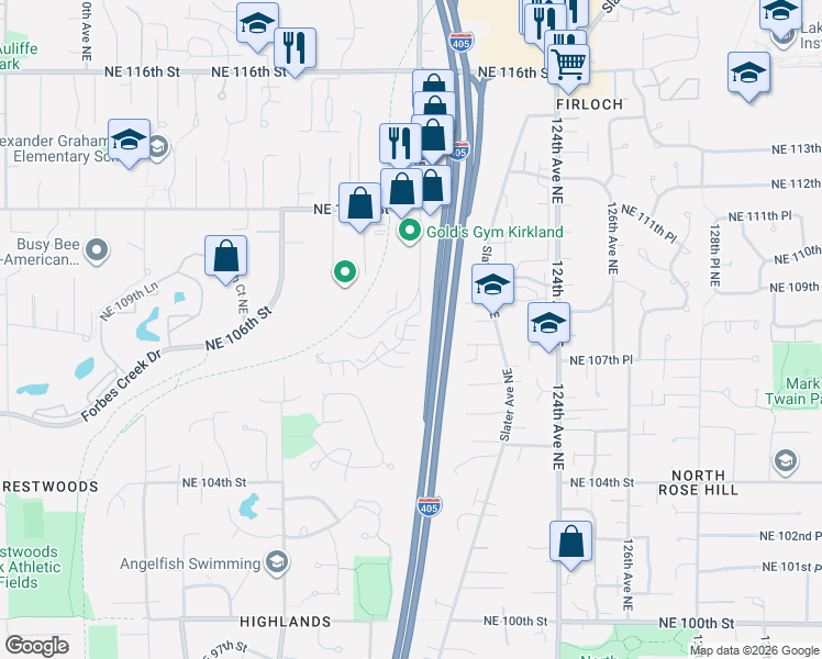 map of restaurants, bars, coffee shops, grocery stores, and more near 120th Lane Northeast in Kirkland