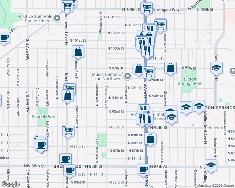 map of restaurants, bars, coffee shops, grocery stores, and more near 718 North 94th Street in Seattle