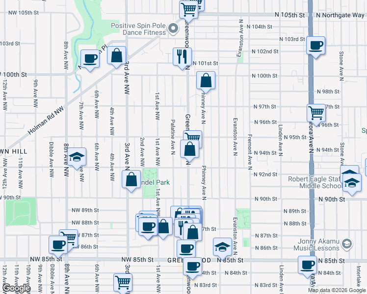 map of restaurants, bars, coffee shops, grocery stores, and more near 9232 Palatine Avenue North in Seattle