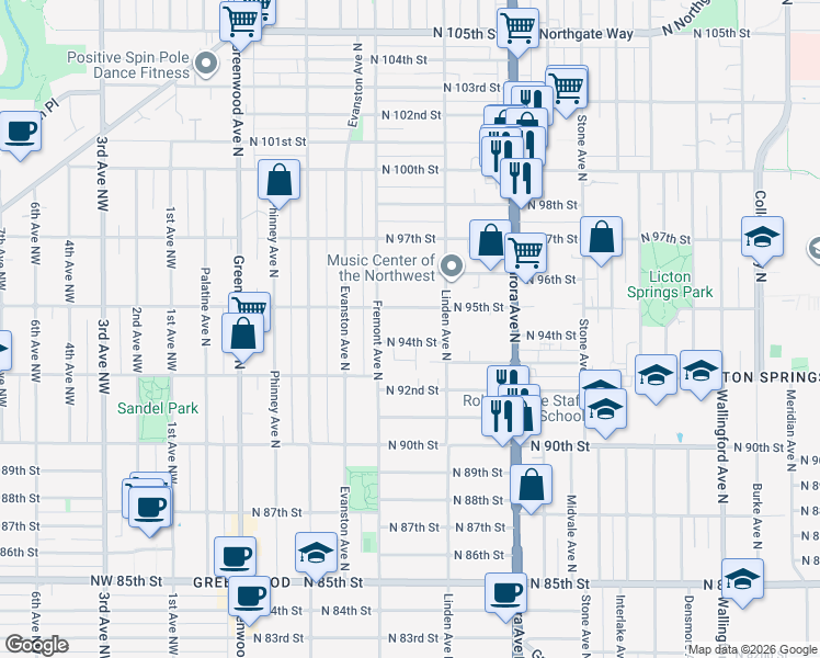 map of restaurants, bars, coffee shops, grocery stores, and more near 726 North 94th Street in Seattle
