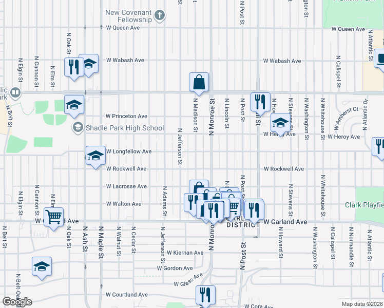 map of restaurants, bars, coffee shops, grocery stores, and more near 4217 North Madison Street in Spokane