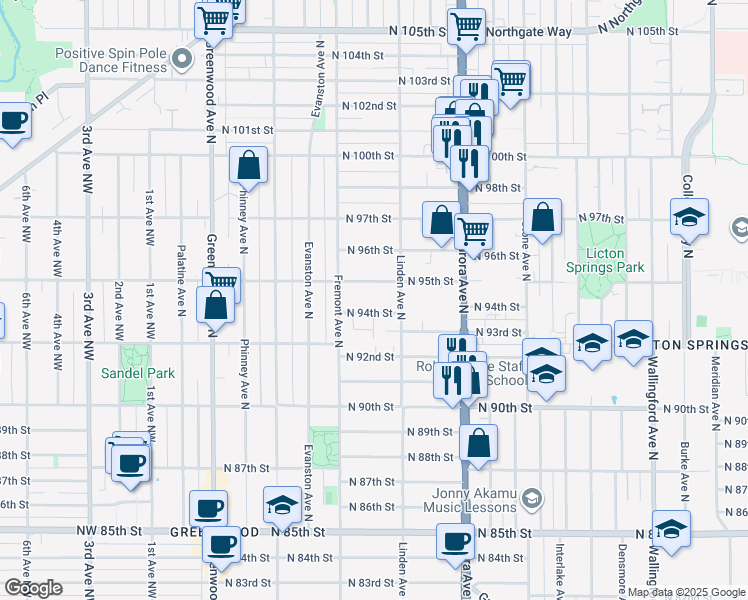 map of restaurants, bars, coffee shops, grocery stores, and more near 735 North 95th Street in Seattle