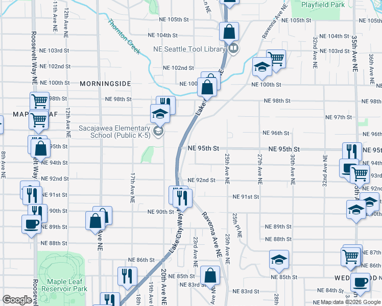 map of restaurants, bars, coffee shops, grocery stores, and more near 9400 23rd Avenue Northeast in Seattle