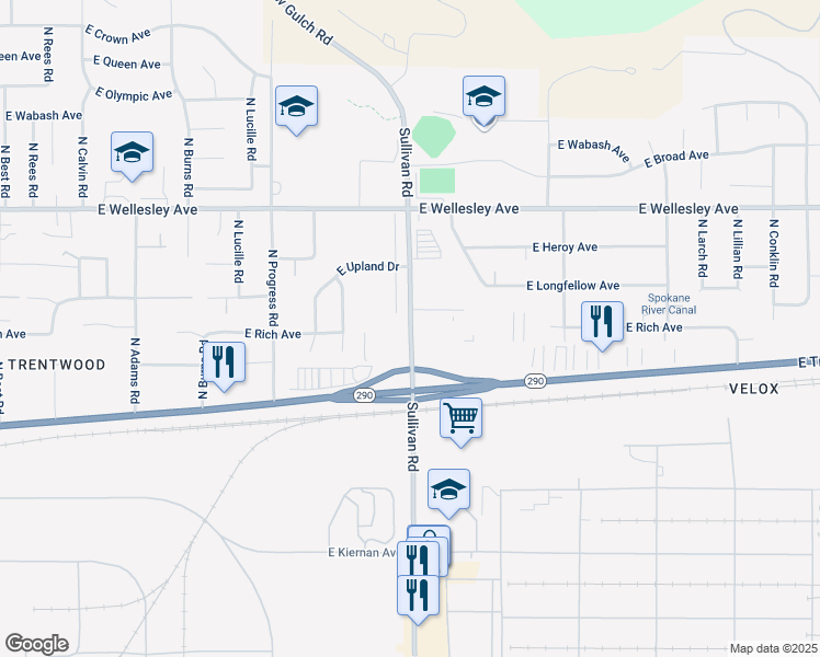 map of restaurants, bars, coffee shops, grocery stores, and more near in Spokane Valley