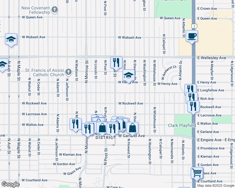 map of restaurants, bars, coffee shops, grocery stores, and more near 4218 North Wall Street in Spokane