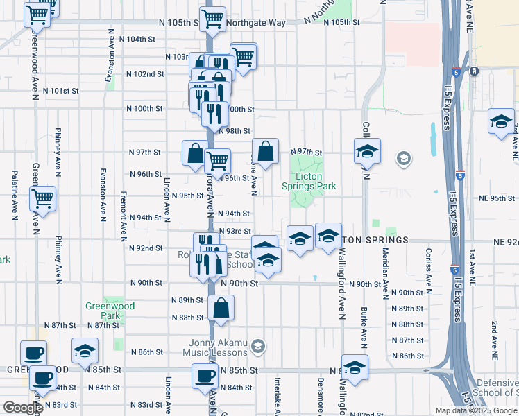 map of restaurants, bars, coffee shops, grocery stores, and more near 9322 Stone Avenue North in Seattle