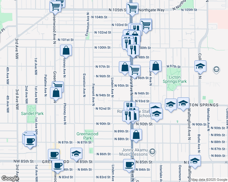 map of restaurants, bars, coffee shops, grocery stores, and more near 9403 Linden Avenue North in Seattle
