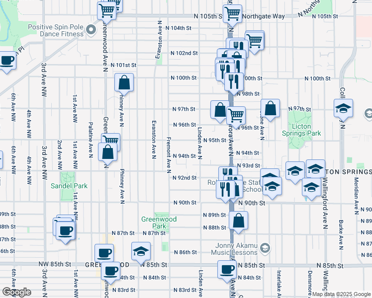 map of restaurants, bars, coffee shops, grocery stores, and more near 718 North 94th Street in Seattle