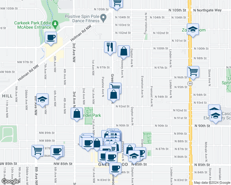map of restaurants, bars, coffee shops, grocery stores, and more near 9234 Greenwood Avenue North in Seattle