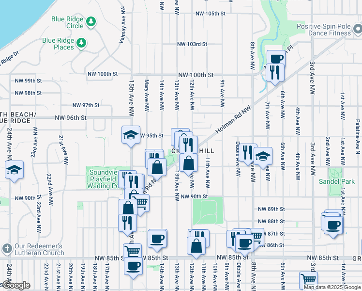 map of restaurants, bars, coffee shops, grocery stores, and more near 9161 Holman Road Northwest in Seattle