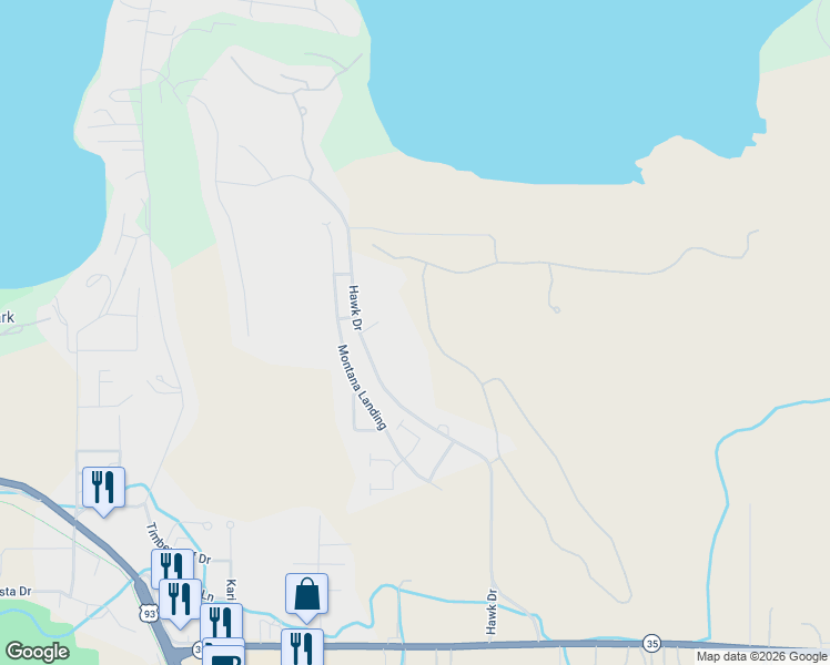 map of restaurants, bars, coffee shops, grocery stores, and more near 596 Hawk Drive in Polson