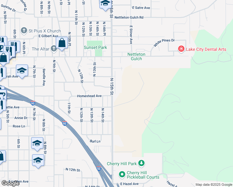 map of restaurants, bars, coffee shops, grocery stores, and more near 2224 North 15th Street in Coeur d'Alene
