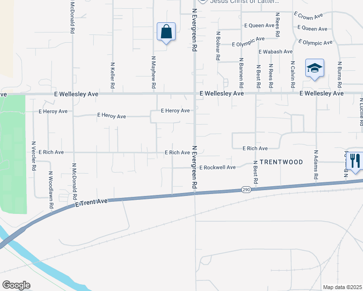 map of restaurants, bars, coffee shops, grocery stores, and more near 4405 North Evergreen Road in Spokane Valley