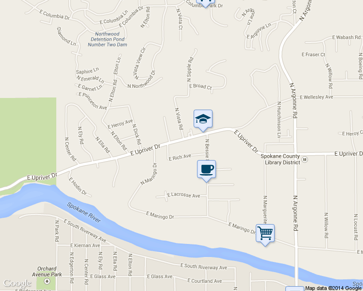 map of restaurants, bars, coffee shops, grocery stores, and more near 8312 East Upriver Drive in Spokane