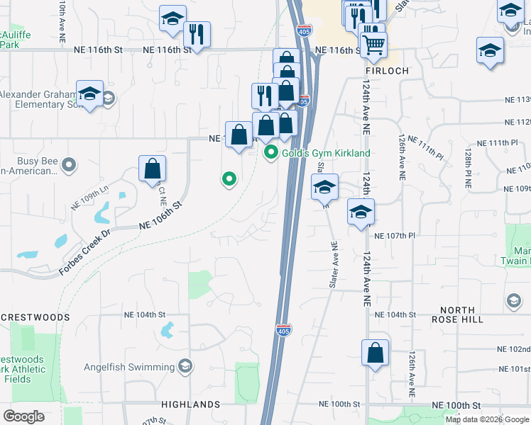map of restaurants, bars, coffee shops, grocery stores, and more near 120th Lane Northeast in Kirkland