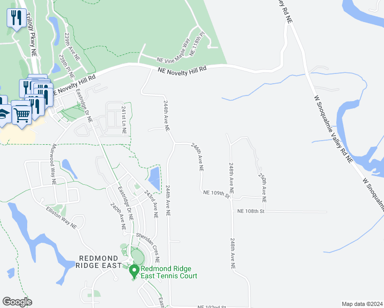map of restaurants, bars, coffee shops, grocery stores, and more near 11107 246th Avenue Northeast in Redmond