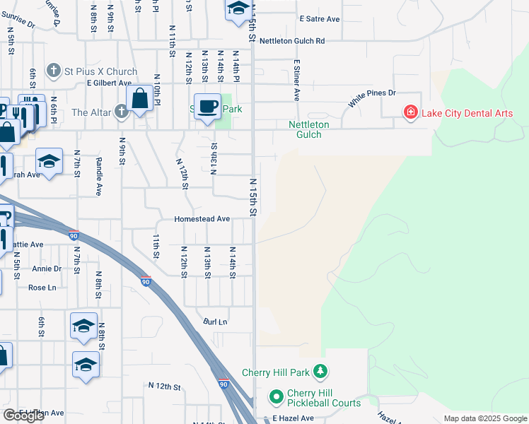 map of restaurants, bars, coffee shops, grocery stores, and more near 2224 North 15th Street in Coeur d'Alene