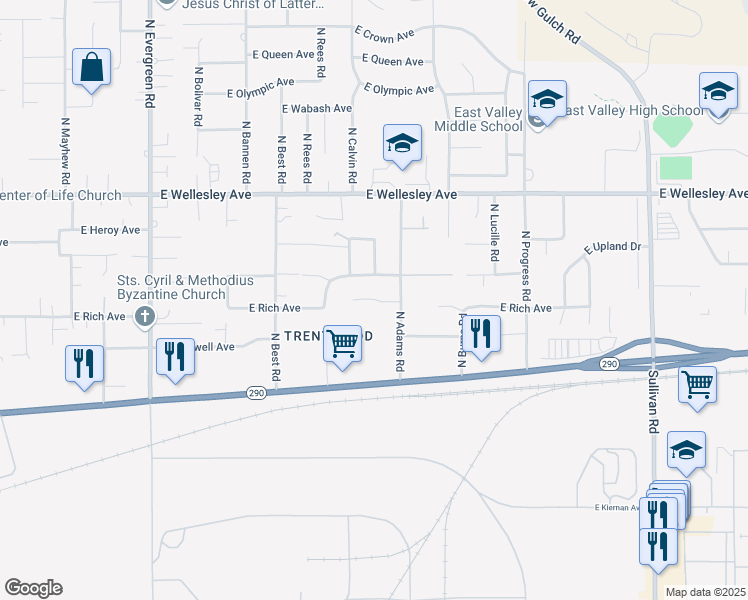 map of restaurants, bars, coffee shops, grocery stores, and more near 4411 North Adams Road in Spokane Valley