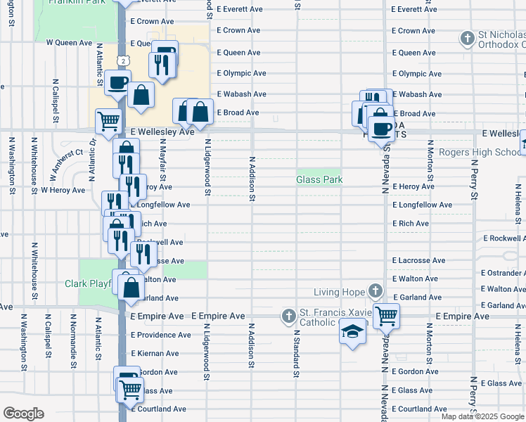 map of restaurants, bars, coffee shops, grocery stores, and more near 527 East Rich Avenue in Spokane