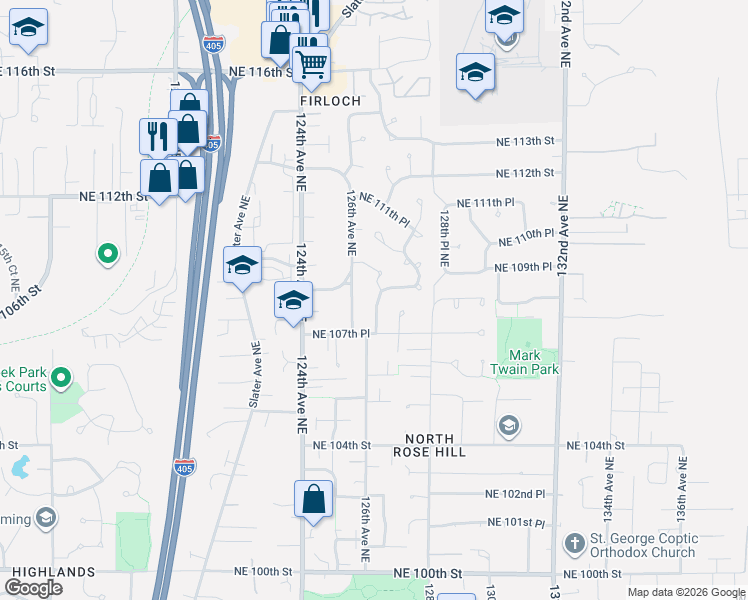 map of restaurants, bars, coffee shops, grocery stores, and more near 10715 127th Avenue Northeast in Kirkland