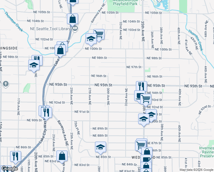 map of restaurants, bars, coffee shops, grocery stores, and more near 2746 Northeast 94th Street in Seattle