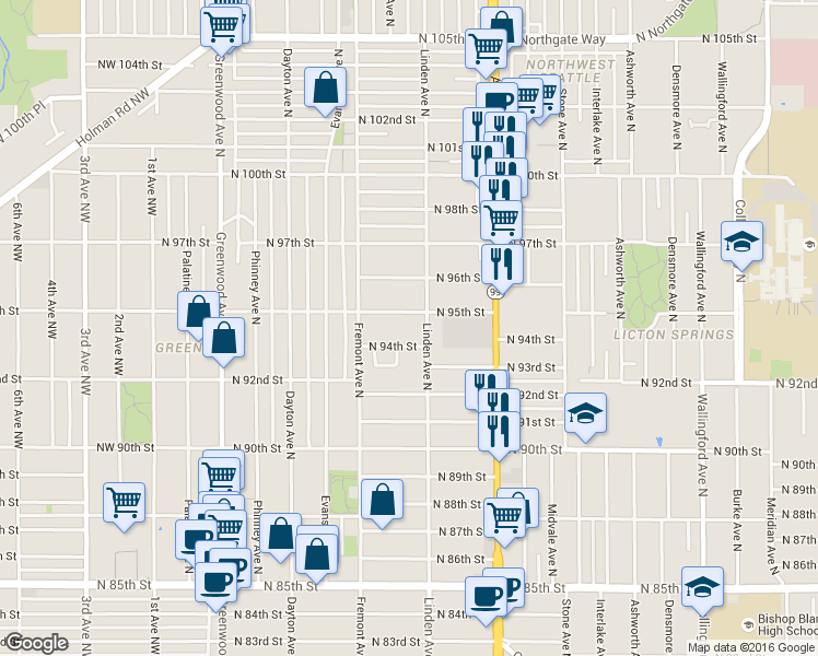 map of restaurants, bars, coffee shops, grocery stores, and more near 9403 Linden Avenue North in Seattle