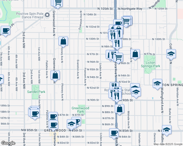 map of restaurants, bars, coffee shops, grocery stores, and more near 718 North 94th Street in Seattle