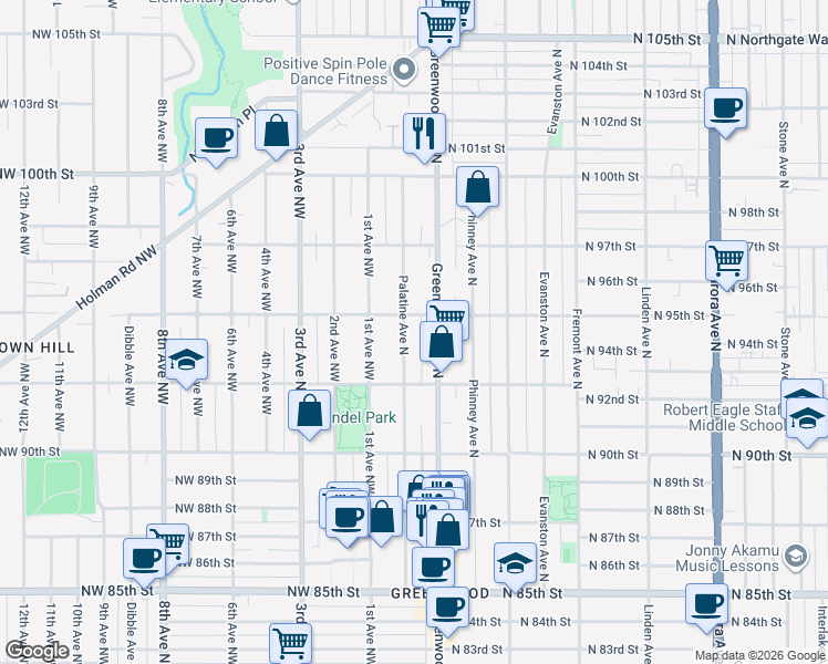 map of restaurants, bars, coffee shops, grocery stores, and more near 9232 Palatine Avenue North in Seattle