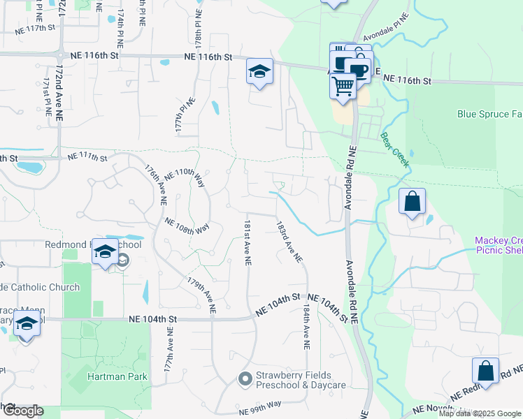 map of restaurants, bars, coffee shops, grocery stores, and more near 18116 Northeast 109th Street in Redmond