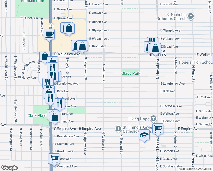 map of restaurants, bars, coffee shops, grocery stores, and more near 508 East Longfellow Avenue in Spokane