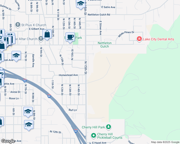 map of restaurants, bars, coffee shops, grocery stores, and more near 2224 North 15th Street in Coeur d'Alene