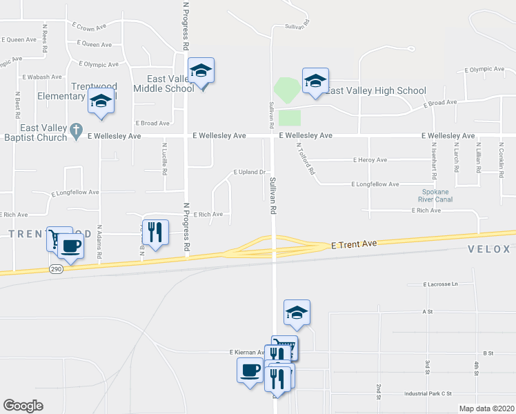 map of restaurants, bars, coffee shops, grocery stores, and more near 4403 North Sullivan Road in Spokane Valley