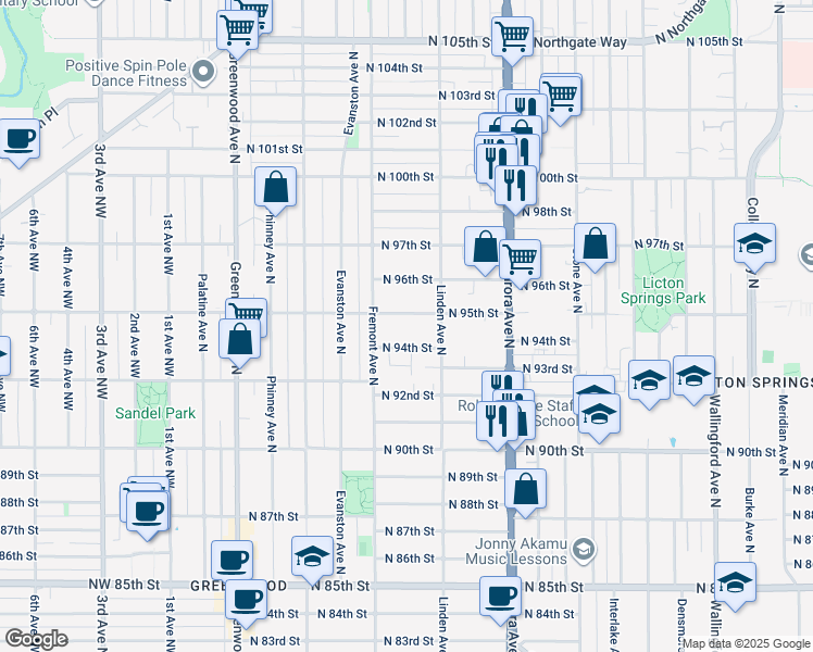 map of restaurants, bars, coffee shops, grocery stores, and more near 718 North 94th Street in Seattle