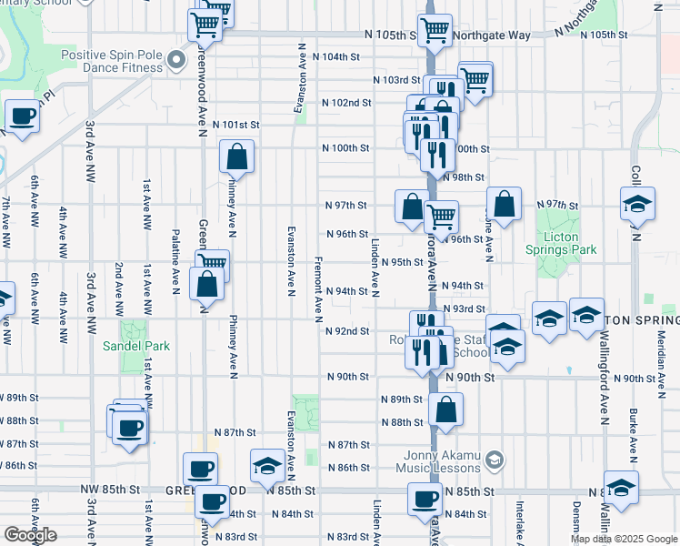 map of restaurants, bars, coffee shops, grocery stores, and more near 718 North 94th Street in Seattle