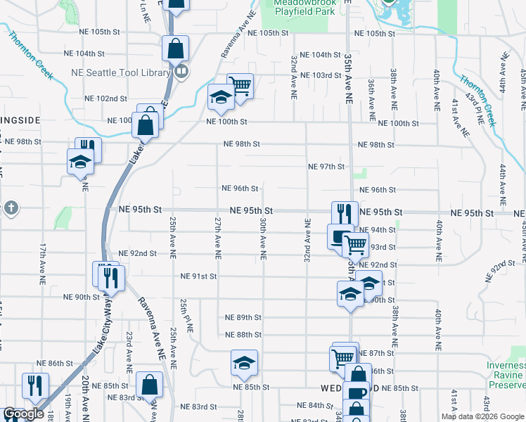 map of restaurants, bars, coffee shops, grocery stores, and more near 30th Ave NE & NE 95th St in Seattle