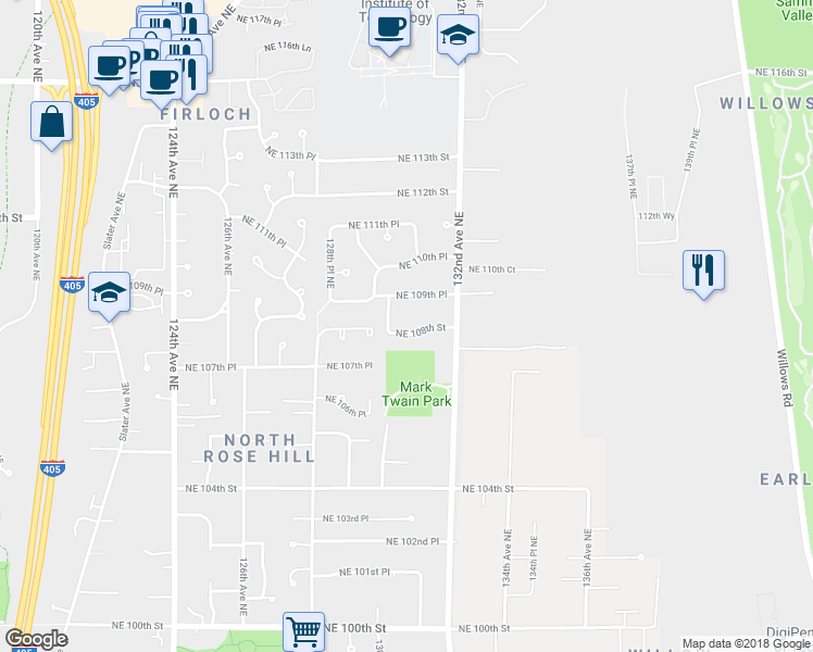 map of restaurants, bars, coffee shops, grocery stores, and more near 13020 Northeast 108th Street in Kirkland