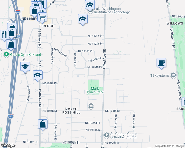 map of restaurants, bars, coffee shops, grocery stores, and more near 13020 Northeast 108th Street in Kirkland