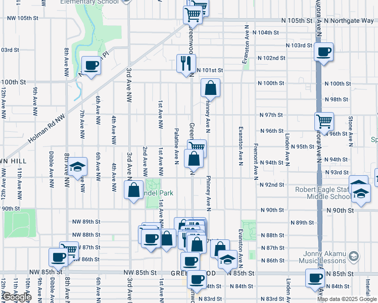 map of restaurants, bars, coffee shops, grocery stores, and more near 9255 Greenwood Avenue North in Seattle