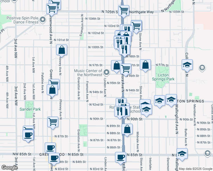 map of restaurants, bars, coffee shops, grocery stores, and more near 9403 Linden Avenue North in Seattle