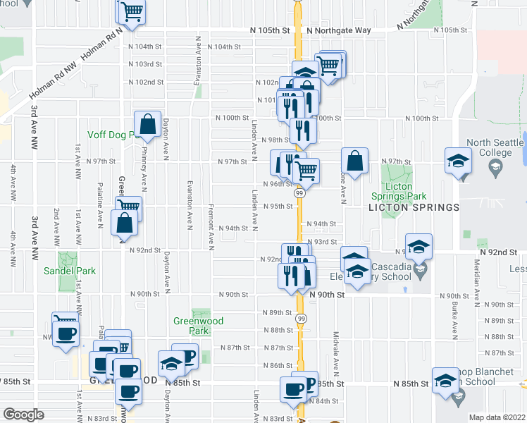 map of restaurants, bars, coffee shops, grocery stores, and more near 9403 Linden Avenue North in Seattle