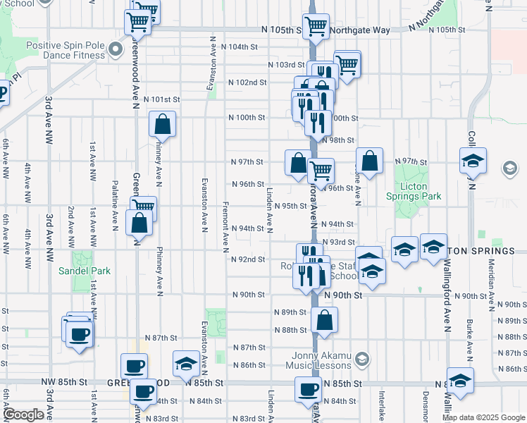 map of restaurants, bars, coffee shops, grocery stores, and more near 9403 Linden Avenue North in Seattle