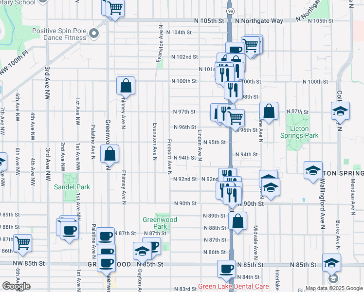 map of restaurants, bars, coffee shops, grocery stores, and more near 718 North 94th Street in Seattle